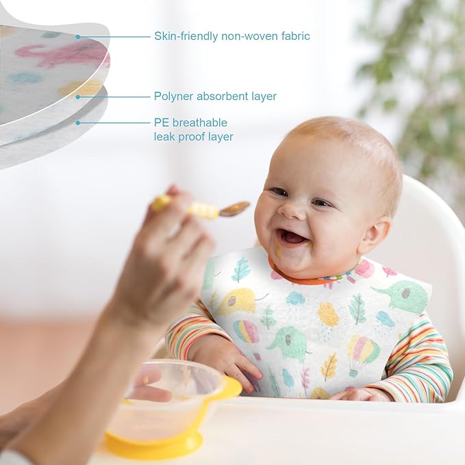 Shinymoon 100 Pcs Disposable Baby Bibs Individual Wrapped Travel Bibs Waterproof Food Catcher for Toddlers Girls Boys Feeding