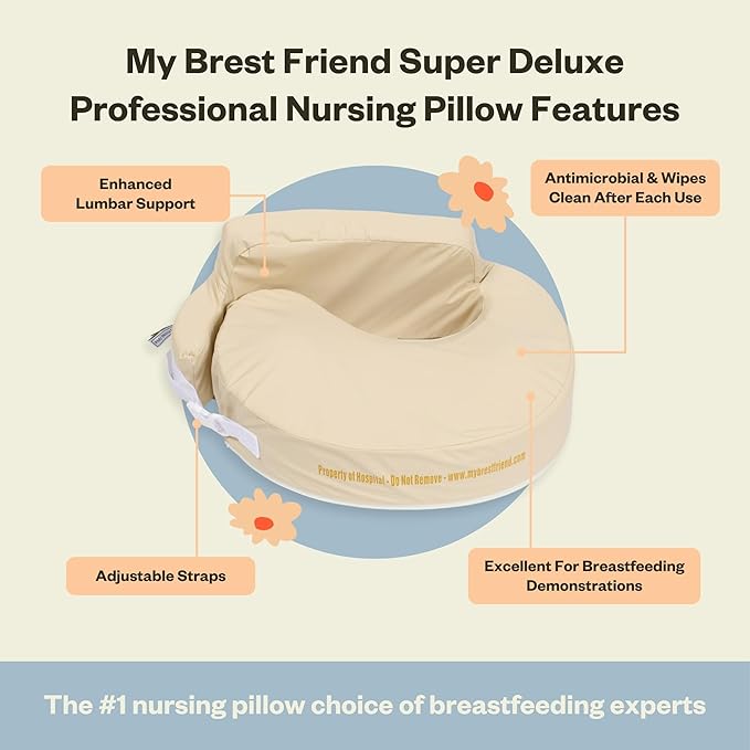 My Brest Friend Super Deluxe Nursing Pillow for Breastfeeding and Bottlefeeding with Lumbar Support, Convenient Pocket and Removable Slipcover, Professional, Sand