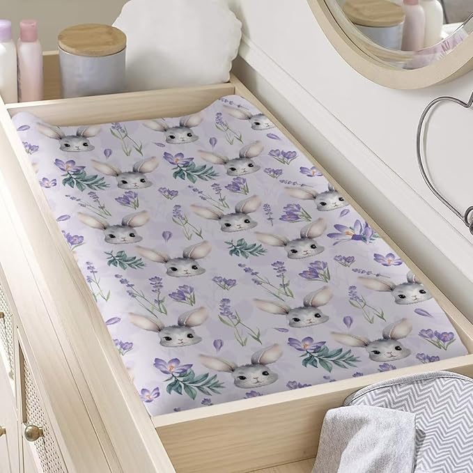 ZDCUSTOM Easter Bunny Rabbit Changing Pad Cover for Baby Girl Stretchy Cradle Sheets Fits 32"x16" Contoured Diaper Changing Pad Washable Diaper Change Sheet Crib Mat