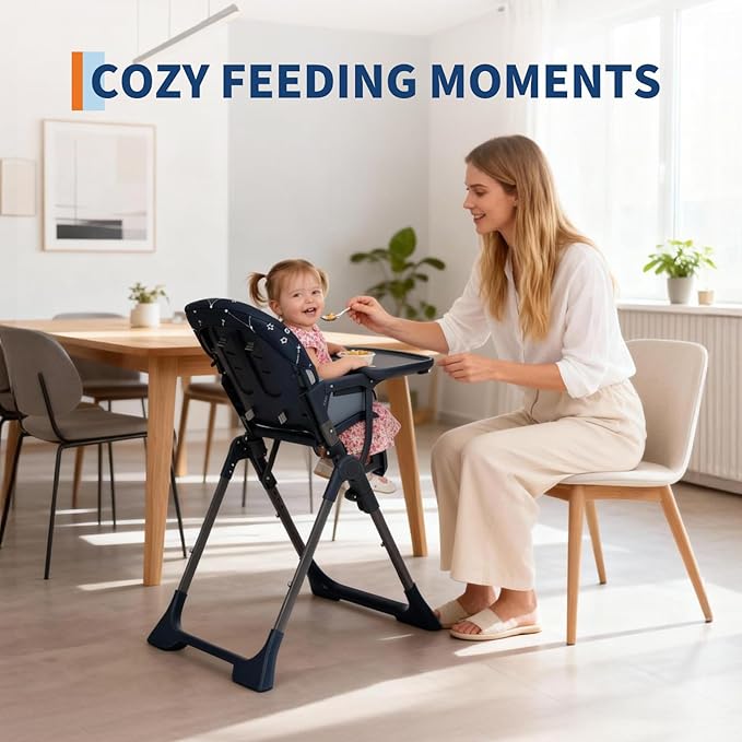 GarveeHome Baby High Chair, Foldable Feeding Chairs for Babies and Toddlers, Adjustable Height/Backrest/Footrest, Removable Tray, Fast Folding Blue
