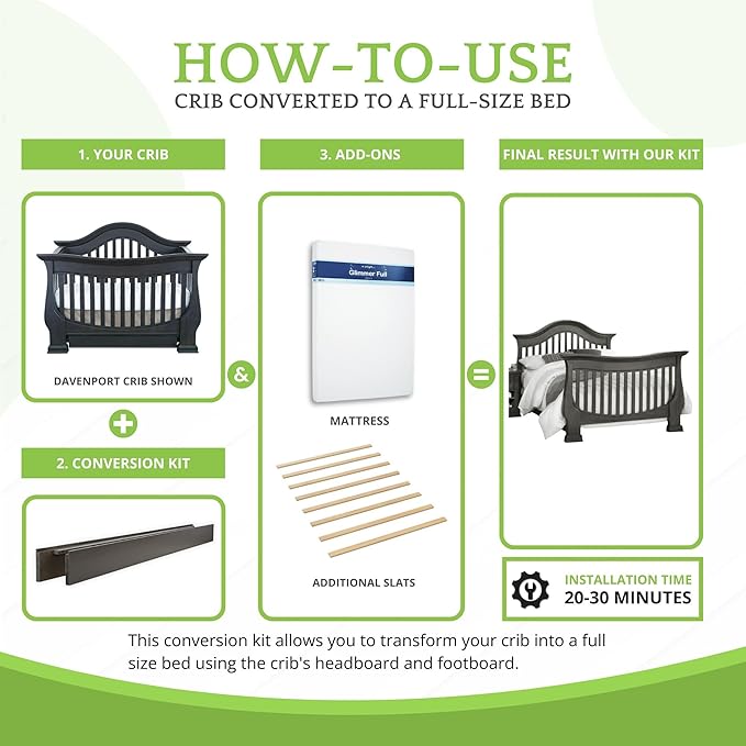 Full-Size Conversion Kit Bed Rails for Baby Appleseed and Eco-Chic Convertible Cribs - Solid Wood Rail - Toddler & Adult Bed Rail for Full-Size Beds - Nursery & Baby Furniture (Slate, Bolt-On Kit)