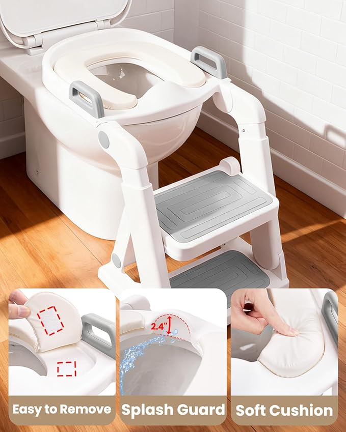 Potty Training Seat, Primlect Upgrade Toddler Toilet Seat for Kids Boys Girls, 2 in 1 Potty Training Toilet with Step Stool, Adjustable Seat and Ladder, Non-Slip Pad, Splash Guard (Light Grey)