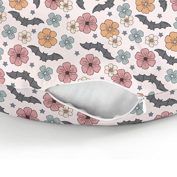 Boho Floral Halloween Bats Baby Nursing Pillow Covers for Boy Girl Vintage Fall Autumn Flowers Nursery Pillowcase for Breastfeeding Pillows Spooky Gothic Soft Stretchy Slipcovers for Newborn Infant