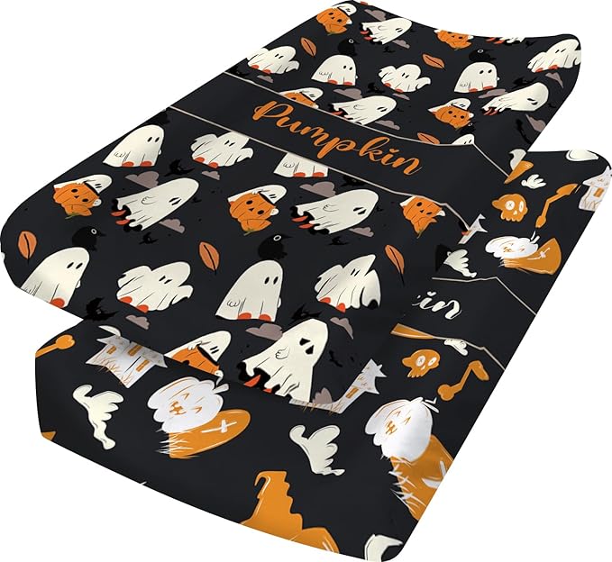 KAINSY Personalized Halloween Black Ghost Pumpkin Print Changing Pad Cover, Custom Diaper Change Table Sheets with Name, Soft Jersey Knit Change Table Sheets, 2 Pack Changing Pad Covers (16" x 32")