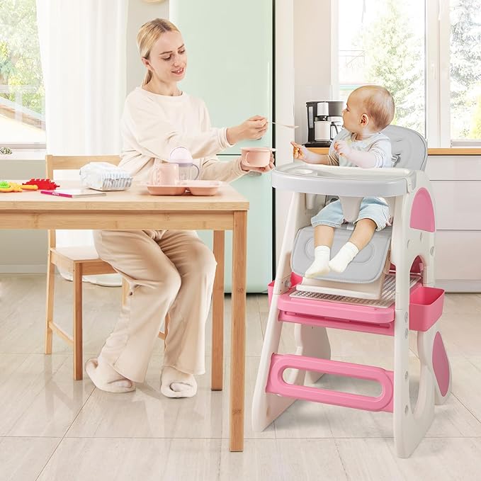 BABY JOY Baby High Chair, 8 in 1 Convertible High Chairs for Babies and Toddlers, Building Block Table and Chair Set, Adjustable Backrest, Removable Double Tray, Storage Boxes, Safety Harness (Pink)