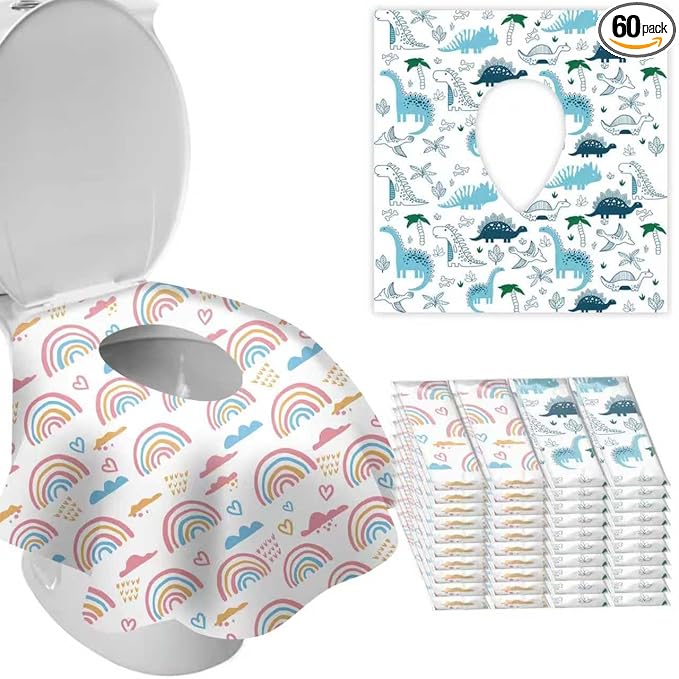 DEEKI 60 Pack Toilet Seat Covers Disposable, Safe No-Slip Waterproof for Kids Toddlers Use in Potty Training Public Restrooms Toilets, Portable Clean Covers for Adults Travel -Rainbow (40P)
