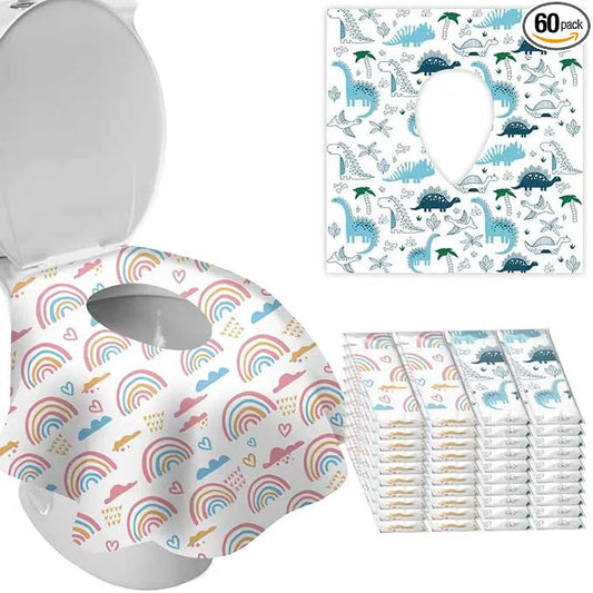 DEEKI 60 Pack Toilet Seat Covers Disposable, Safe No-Slip Waterproof for Kids Toddlers Use in Potty Training Public Restrooms Toilets, Portable Clean Covers for Adults Travel -Rainbow (40P)
