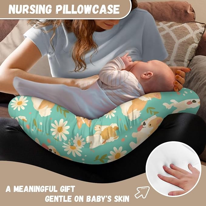 Jeiento Cute Welsh Corgi Dog Nursing Pillow Covers Daisy Flower Nursing Pillowcase for Mom,Newborn Zipper Slipcover for Breastfeeding Pillows Reversible Removable U-Shaped Pillow Case for Dog Lover