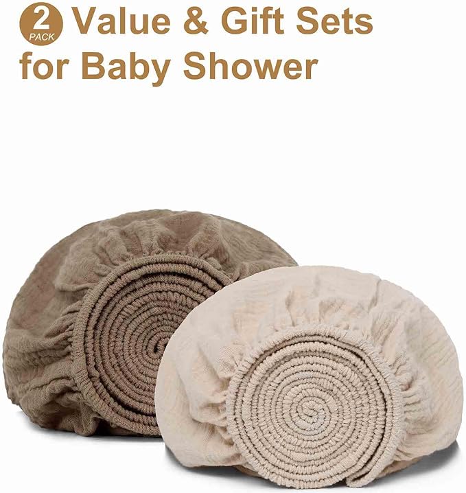 Muslin Mini Crib Sheets for Girls & Boys-2 Pack 24"x 38" Soft Baby Mattress Sheets Fitted-No Slip Neutral Toddler Cotton Bedding-Nursery Décor Taupe Brown & Light Beige