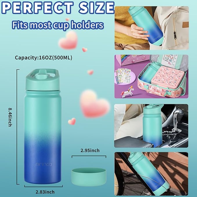 mininoo Kids Water Bottle for School, 16oz Stainless Steel Insulated Water Bottle Kids with Straw Lid for Girls, Boys (Sky/Blue)