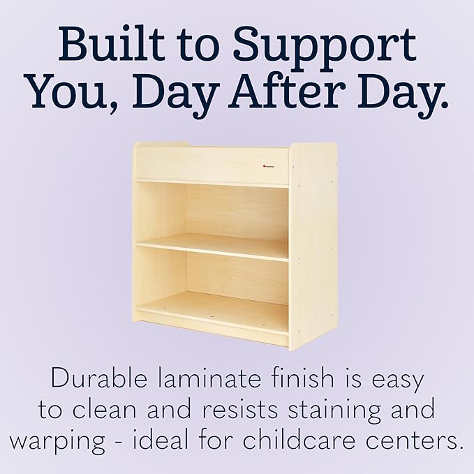 Foundations SafeStart Daycare Changing Table, Durable Wood Construction, Built-in Shelving for Ample Storage, Adjustable Safety Strap, Includes Foam Mattress Pad (Natural)