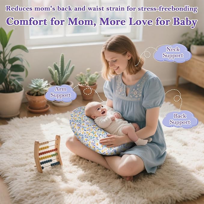 Nursing Pillow for Breastfeeding & Bottle Feeding - Ergonomic C-Shape Design with Breathable Filling & Removable Washable Cover, Supports 0-12 Months (Feeding, Tummy Time, Sitting), Hypoallergenic