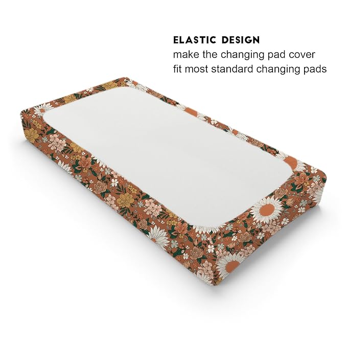 Retro Boho Wild Floral Changing Pad Covers Vintage Flowers Leaves Diaper Changing Table Sheets for Girl Spring Summer Watercolor Blossoms Soft Breathable Stretchy Changing Pad Sheets Mats 32''x16''