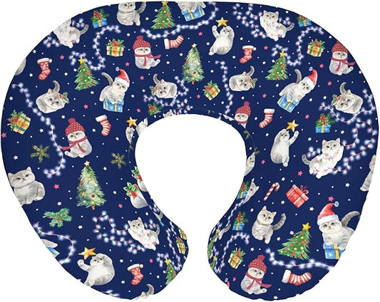 Blue Christmas Holiday Cats Baby Nursing Pillow Covers for Boy Girl Winter Kitten Trees Lights Candy Nursing Pillowcase for Breastfeeding Pillows Cats Lover Gift Soft Stretchy Slipcovers for Newborn