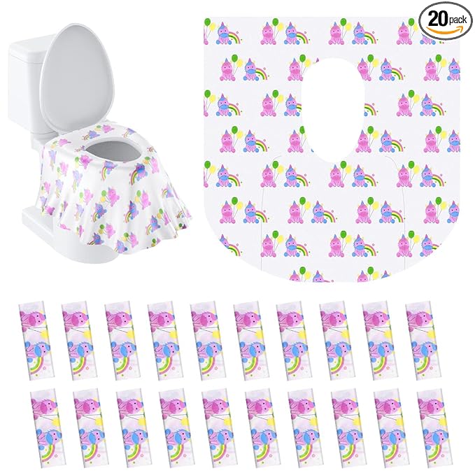 PaperKiddo 20 Pack Disposable Toilet Seat Covers Pink Unicorn Design Waterproof Potty Training Seat Cover Set Extra Large Perfect for Kids and Adults Individually Wrapped for Travel and Home