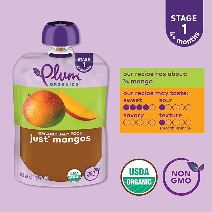 Plum Organics Stage 1 Organic Baby Food - Just Mangos - 3.5 oz Pouch - Organic Baby Food Pouch (Pack of 4)