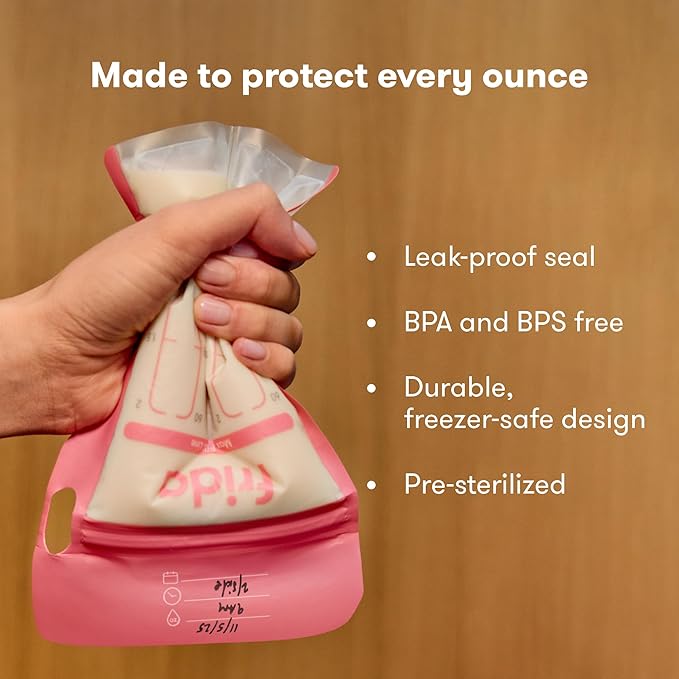 Frida Mom Breastmilk Storage Bags, 50ct Splitstash Freeze & Thaw Milk Bags for Breastmilk, Splits Bag into Two 2oz Portions, Leakproof Seal, Perfect Pour Spout, No Slip Finger Grip, BPA Free, 4oz Bag