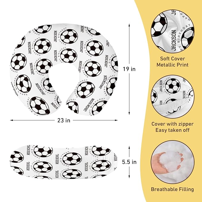 Baby Nursing Pillow Cover - Personalized Name White Soccer Theme Breastfeeding U-Shaped for Bottle Feeding, Ultra Soft Comfortable Breastfeeding Pillow Cover for Infant Baby Boys and Girls