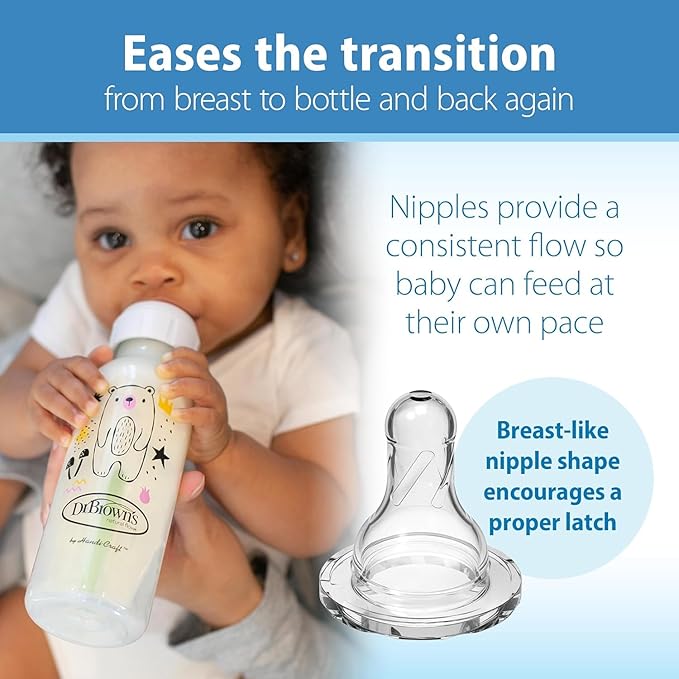 Dr. Brown's Natural Flow Anti-Colic Options+ Narrow Baby Bottle, Bear & Owl, 8 oz/250 mL, with Level 1 Slow Flow Nipple, BPA free, 0m+, 2-Pack and Level 2 Flow 6-Pack Nipples
