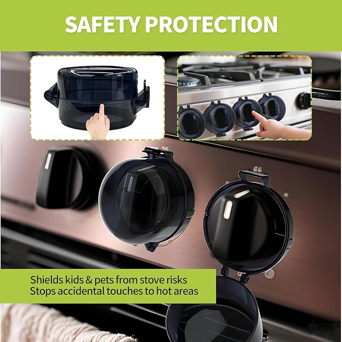 6PCS Gas Stove Knob Covers for Child Safety - Heat-Resistant Baby Proof Stove Knob Covers, Universal Size Stove Knob Safety Covers with Adhesive, Adjustable Child Safety Stove Guard(Black)