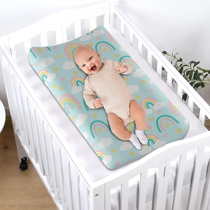 Changing Pad Covers for Boys Girls, Rainbow Diaper Changing Table Pad Cover Soft Breathable Changing Mat Cover for 32''x16" Cute Birthday Gifts for Baby