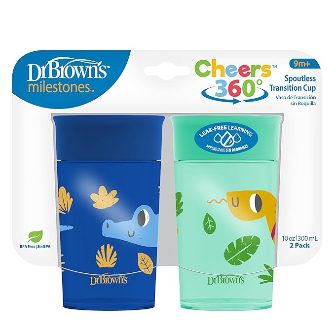 Dr. Brown's Milestones Wide-Neck Sippy Spout Bottle with 100% Silicone Handles & Milestones Cheers 360 Cup Spoutless Transition Cup, Travel Friendly