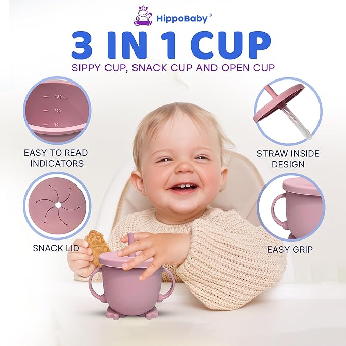 HippoBaby Baby Led Weaning Supplies |10 Piece Silicone Baby Feeding Set, Baby Toddler Bib Cup Divided Plate and Bowl Self Feeding Spoons Dish Set | Baby Utensils,Toddler Feeding Supplies (Rose Quartz)