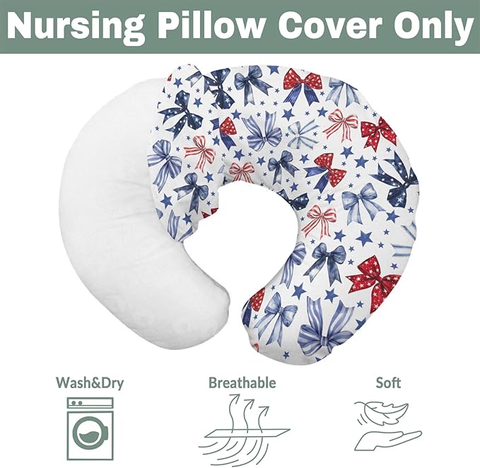 Red White & Blue Bows Nursing Pillow Covers for Boy Girl Patriotic Ribbons Stars Nursing Slipcovers for Breastfeeding Pillows Cute 4th of July Party Soft Stretchy Removable Cover for Newborn Infant