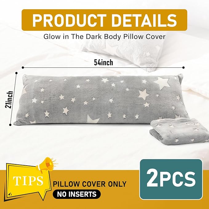 2PCS Glow in The Dark Body Pillow Cover 21x54 Inches Soft Plush Pillowcase Set with Star Pattern Grey Long Pillow Cover with Side Zipper