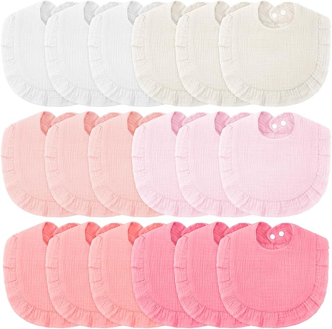 Kenning 18 Pcs Muslin Drool Baby Bibs Ruffle Absorbent Bib with Snap Button Boy Girl for Drooling Teething Infant Newborn
