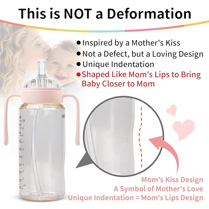 Mombella Classic 2 in 1 Baby Bottle & Straw Cup with Handle, PPSU Baby Bottles & Sippy Cup, Skinsoft Silicone Nipple Milk Feeding Bottle for Babies 6 Months+, Easy Grip, Leak-Proof, 10oz, Pink