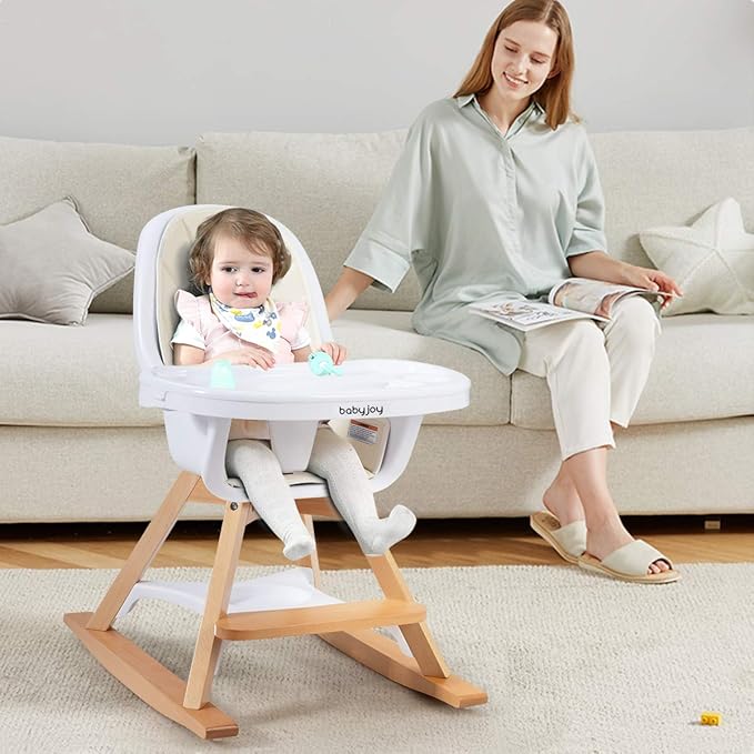 BABY JOY 3 in 1 High Chair, Baby Eat & Grow Convertible Wooden High Chair/Rocking Chair/Booster Seat/Toddler Chair, Infant Dining Chairs w/Double Removable Tray, 5-Point Seat Belt & PU Cushion, Beige
