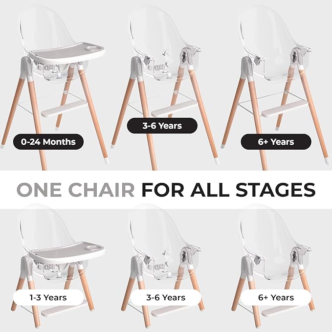 Classic Non-Reclinable 6 in 1 Baby High Chair for Babies and Toddlers, Modern Safe & Compact Wooden Highchair, Easy to Clean, Removable Tray, Easy to Assemble