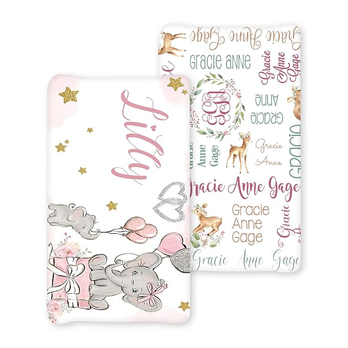 Personalized Baby Changing Pad Cover - 2 Piece Baby Pee Pad Cover Nursery Bedding with Name Portable Pink Elephant Diaper Changing Pad Gifts for Infant