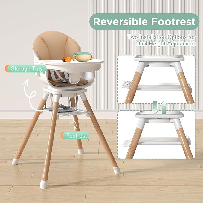 EROMMY 360° Swivel Baby High Chair,6-in-1 Convertible Wooden High Chair for Babies and Toddlers-Baby Feeding Chair with 5-Point Harness,Adjustable Highchair Features,Removable Double Tray