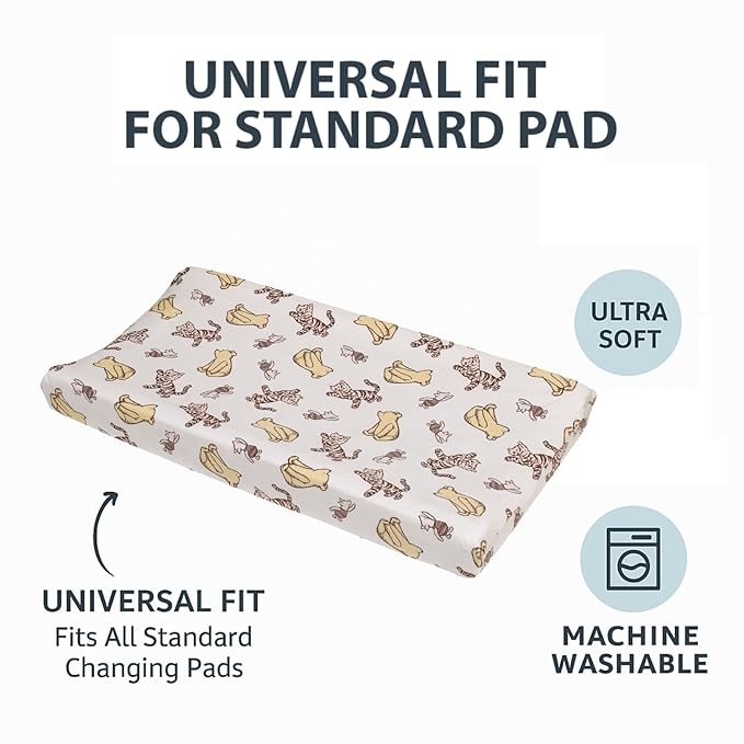 Disney Classic Pooh Hunny Fun with Piglet and Tigger White and Taupe Super Soft Changing Pad Cover