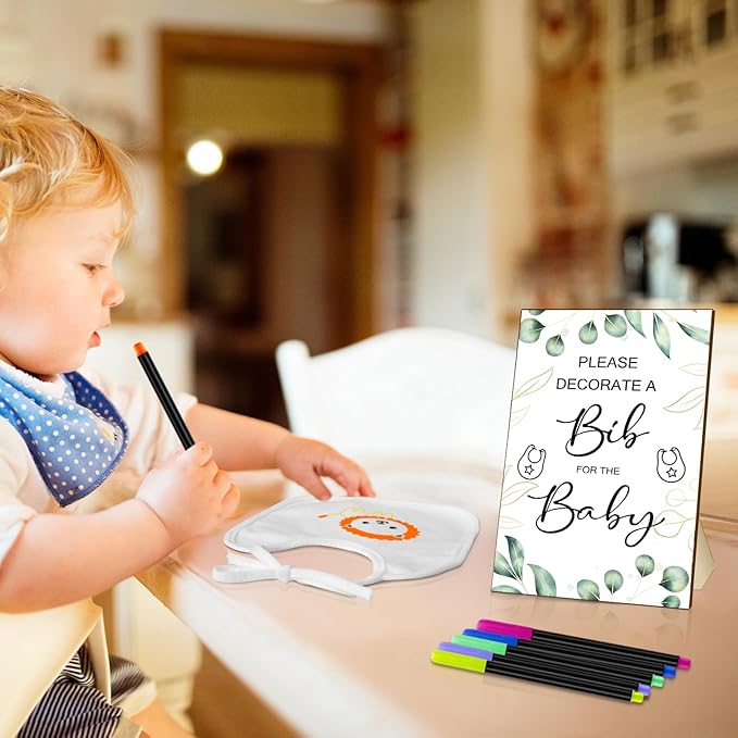 SytuHe 95 Pcs DIY Baby Bibs Decorating Kit50 White Bibs 24 Stencils 20 Fabric Markers 1 Baby Shower Game Sign