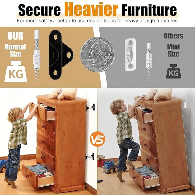 6-Pack Furniture Anchors for Baby Proofing, Anti Tip Straps Safety Kit to Prevent Dresser, Bookshelf, Cabinet from Tipping Over for Child & Pet Safety (Black)