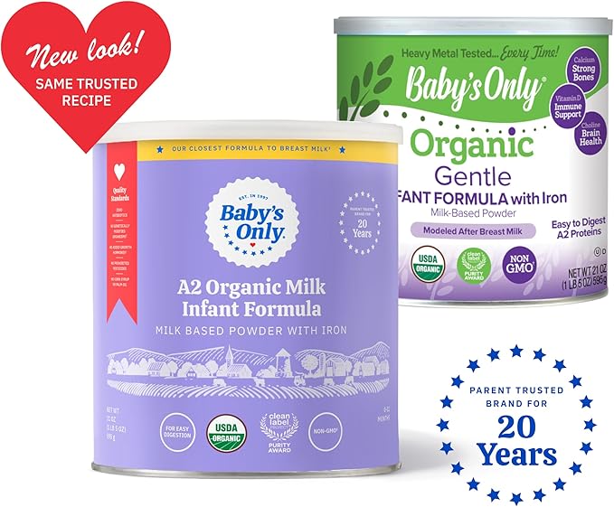Baby's Only A2 Organic Milk Infant Formula, A2 Milk Based Powder, Organic Baby Formula with A2 Beta-Casein Protein, Iron, Vitamin E, Vitamin D, Easy to Digest, Newborn to 12 Months Old, 21 oz, 6 Pack