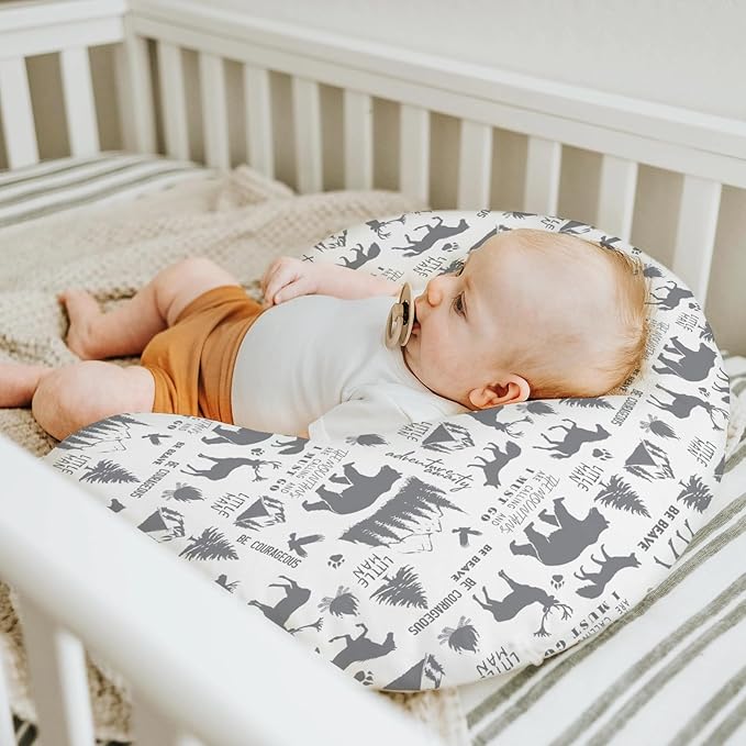 Gray Animals Nursing Pillow Covers for Boy Deer Bear Horse Trees Mountain Nursing Slipcovers for Breastfeeding Pillows Camping Adventure Soft Stretchy Removable Cover for Newborn Infant