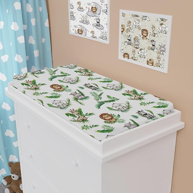Baby Safari Animals Tropical Palm Leaves Changing Pad Covers Lion Elephant Giraffe Zebra Hippo Diaper Change Table Pad Covers for Girl Boy Soft Breathable Stretch Changing Mat Sheets 32''x16''