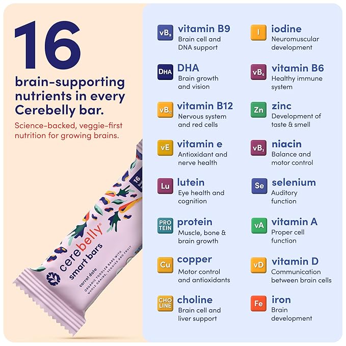 Cerebelly Organic Toddler Smart Bars 40-Count, Carrot Date Smart Bars, 16 Brain-Supporting Nutrients, No Added Sugar, Gluten Free, Nut Free, Kids Snacks