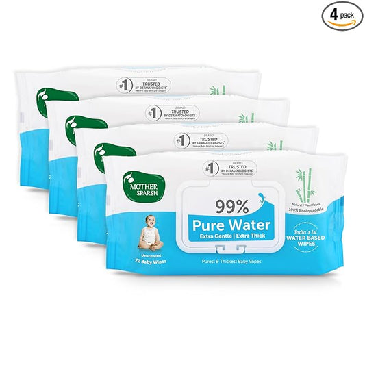 Mother Sparsh Unscented 99% Pure Water (Unscented) Baby Wipes, 72 Baby Wipes, Blue (Pack of 4)