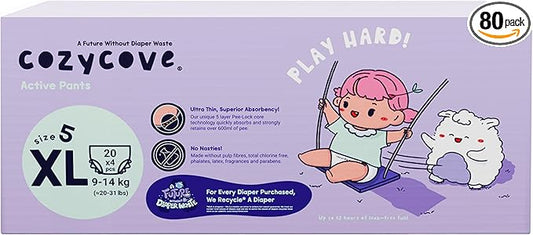 Cozycove Size 5 XL (20-31 lbs) Pull Up Training Pants | Totally Chlorine Free, Fragrance Free, Wetness Indicator | Play Hard Slim Active Pants | 80 Count (4 Bags of 20)