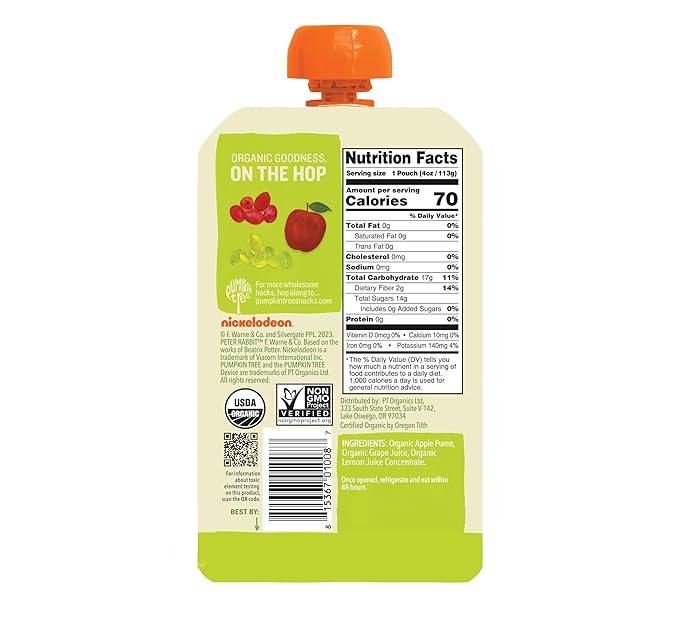 Pumpkin Tree Peter Rabbit Organics, Organic Apple and Grape 100% Pure Fruit Snack, 4 Ounce (Pack of 10)
