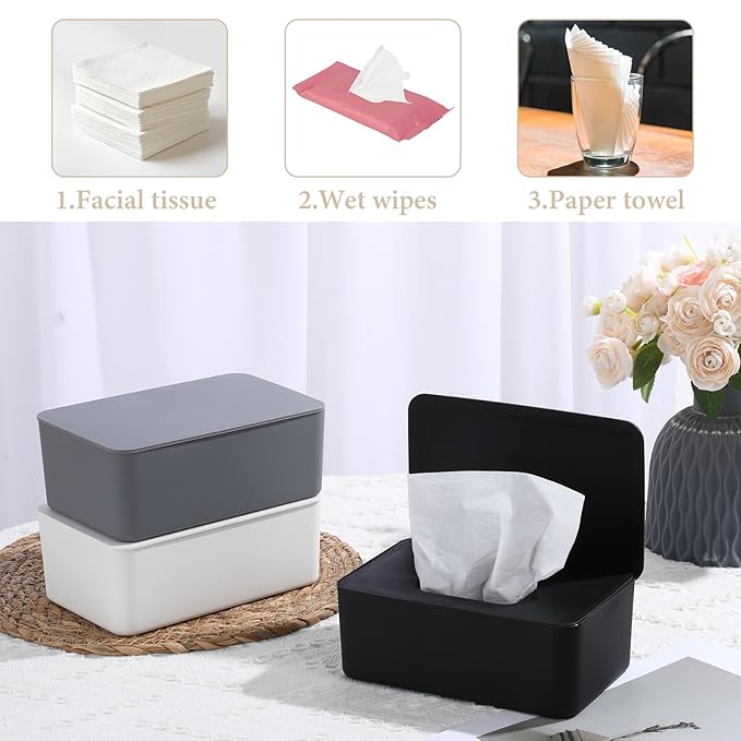 3 Pcs Wipes Dispenser, Refillable Wet Wipe Container with Lid 7.28 x 4.80 x 2.75 Inch Reusable Wipe Dispenser Holder for Bathroom, Kitchen, Bedroom, Living Room, Office, Car (Black, White, Gray)
