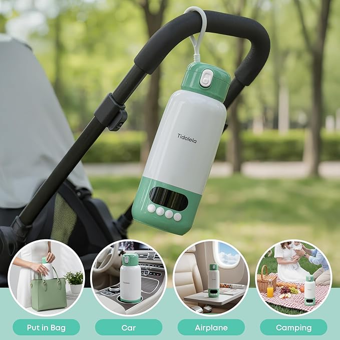 Portable Bottle Warmer for Travel, Fast Heating in 2 Mins, Dual Heating for Breastmilk & Water, Long Battery Life, 6 Temp Settings with Keep Warm, Built-in Sterilizer, 17oz (Green)
