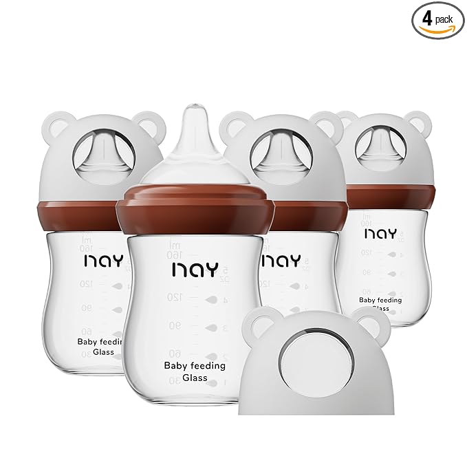 yanyoyo Natural Glass Baby Bottle for Breastfeeding Babies, 5.4oz Anti-Colic Baby Bottle with Natural Response Nipple(S), Clear, Wide Neck, 4 Pack, 1 Months+