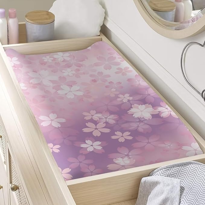 Breathable Diaper Changing Pad Cover for Baby Girls and Boys, Soft Changing Table Sheets 16 * 32 Inches, Pink Cherry Blossom