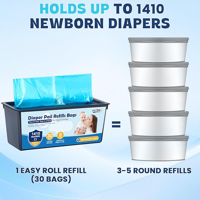 Diaper Pail Refill Bags 30 Bags Per Refill，Compatible with Genie Easy Roll Signature Diaper Pails Holds Up to 5640 Newborn Diapers Talc Powder Scent 7 Layer Odor Barrier,Scented,1PACK (30 Bags)